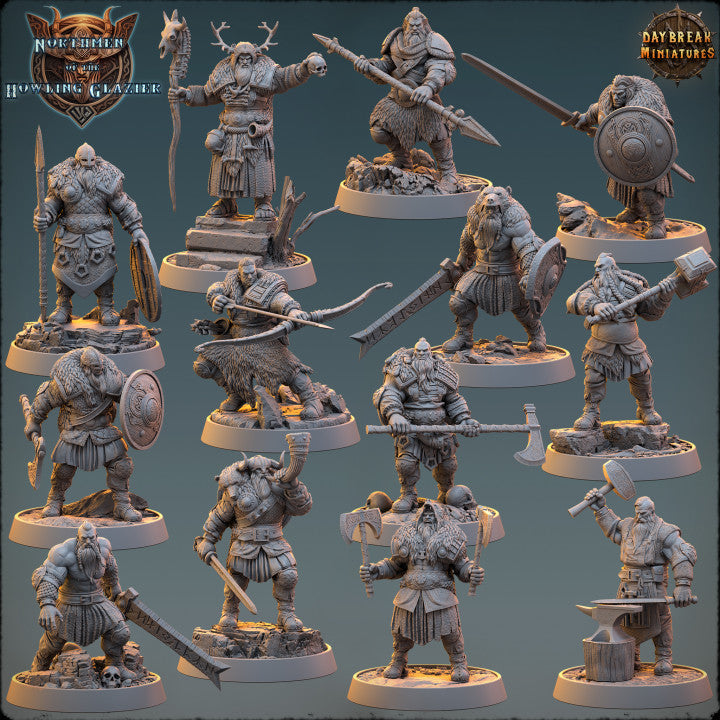 Collection of fantasy miniatures on stands with detailed armor and a Northmen miniature
weapons.