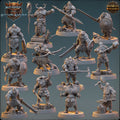 Collection of fantasy miniatures on stands with detailed armor and a Northmen miniature
weapons.