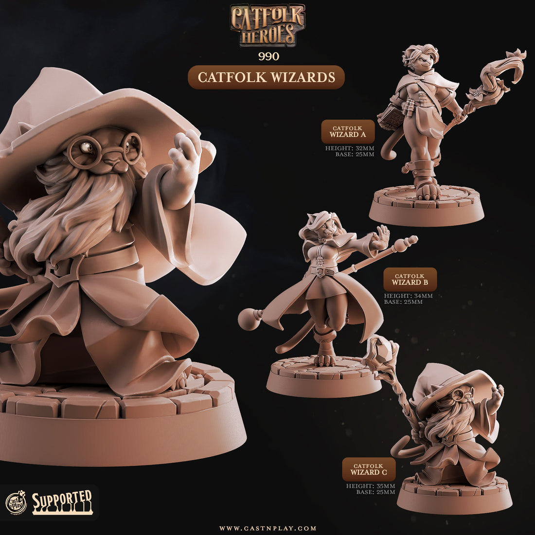 Catfolk Heroes by Cast N Play 3D Printed DnD Pathfinder Tabletop Resin Miniatures