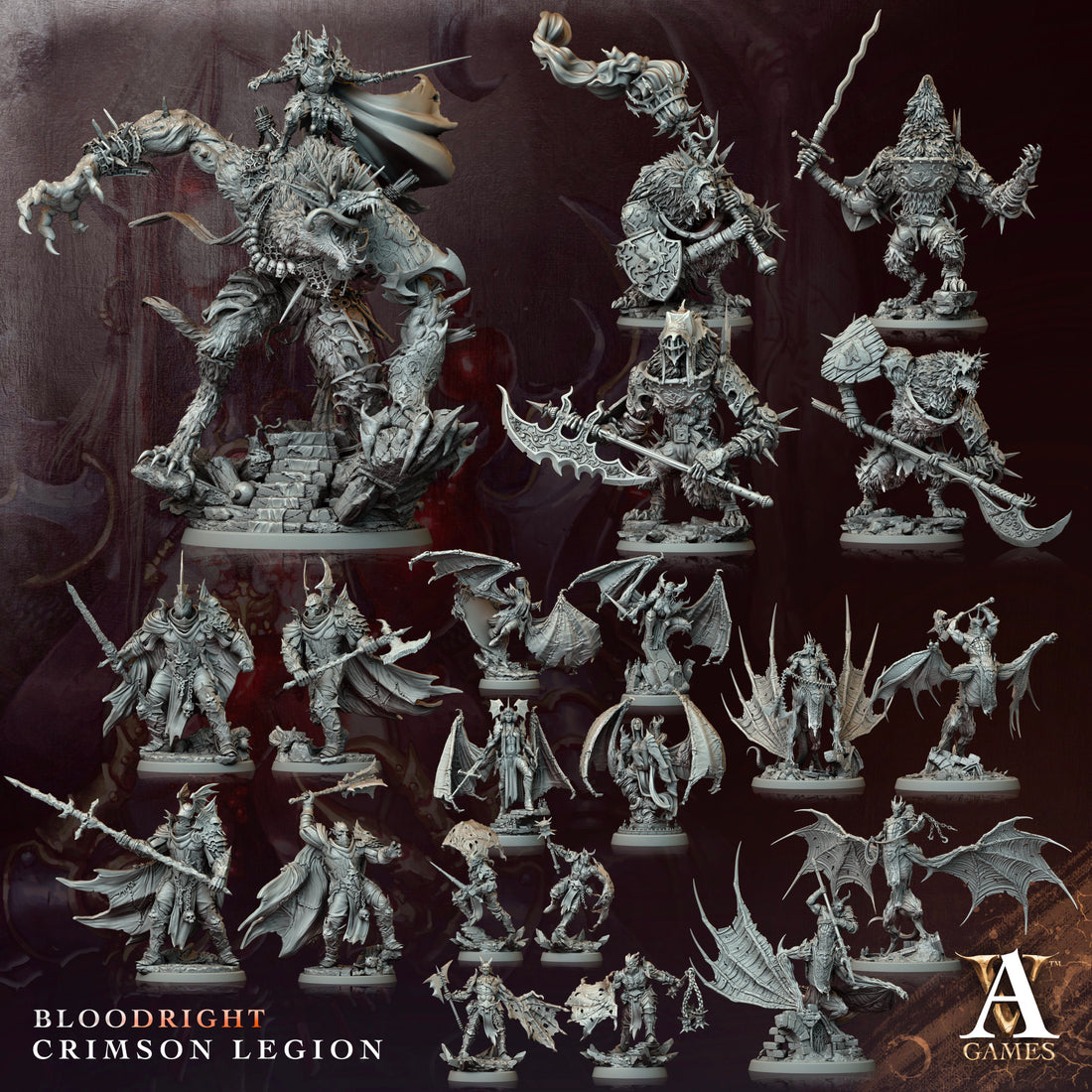 Collection of detailed miniature figurines with 'Bloodright Crimson Legion' branding.Bloodright miniature