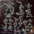 Collection of detailed miniature figurines with 'Bloodright Crimson Legion' branding.Bloodright miniature