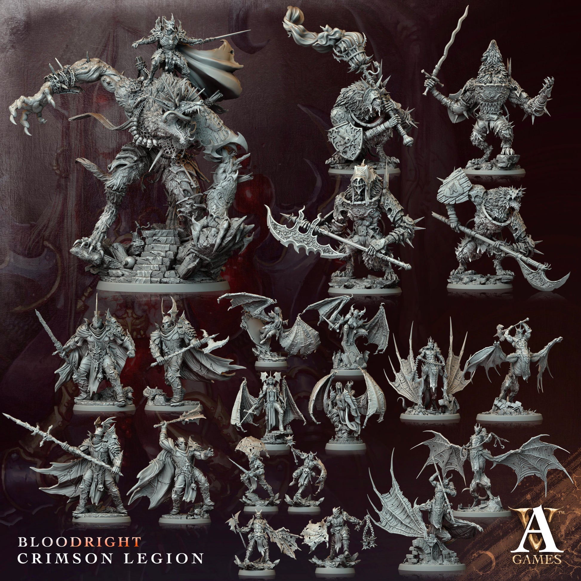 Collection of detailed miniature figurines with 'Bloodright Crimson Legion' branding.Bloodright miniature