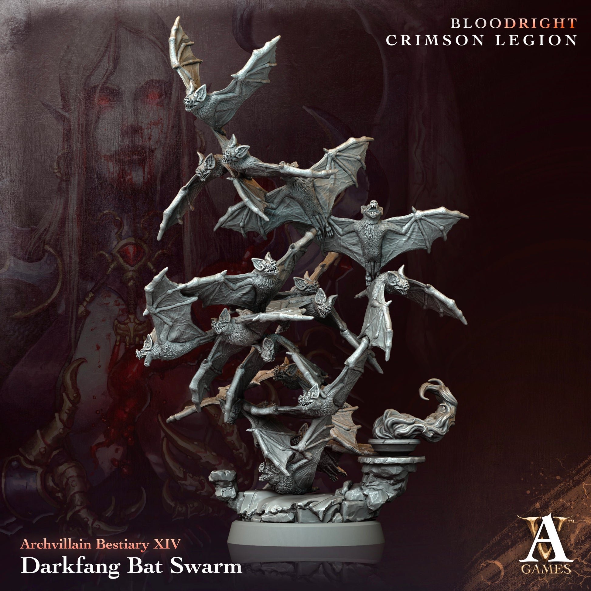 Darkfang Bat Swarm figurine with a gothic background and 'Bloodright Crimson Legion' text.Bloodright miniature