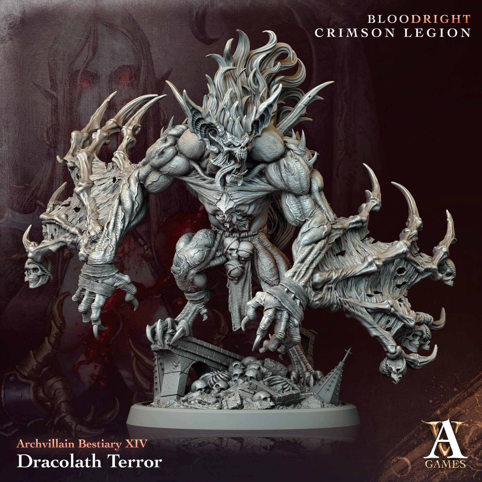 Game miniature of Dracolath Terror from Bloodright Crimson Legion with 'A Games' logo.Bloodright miniature