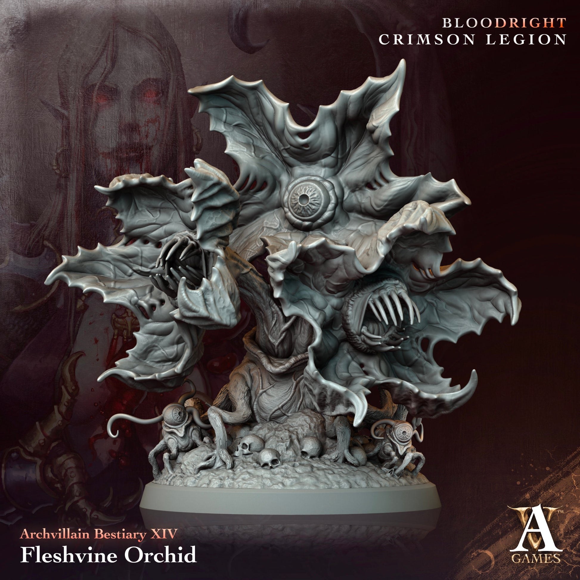 Fleshvine Orchid figurine with dark background and 'Bloodright Crimson Legion' branding.Bloodright miniature