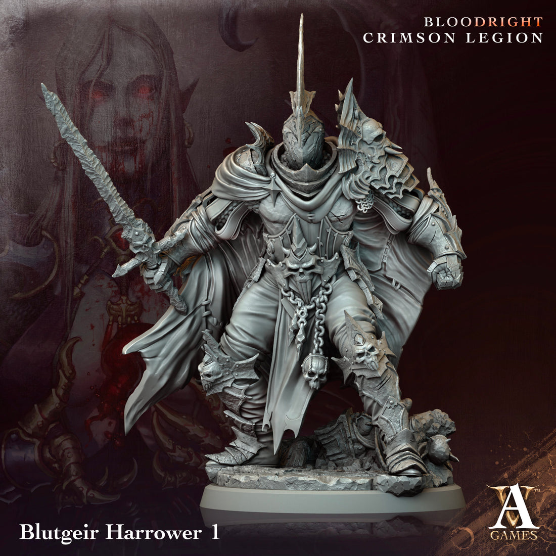 Collection of detailed miniature figurines with 'Bloodright Crimson Legion' branding.Bloodright miniature