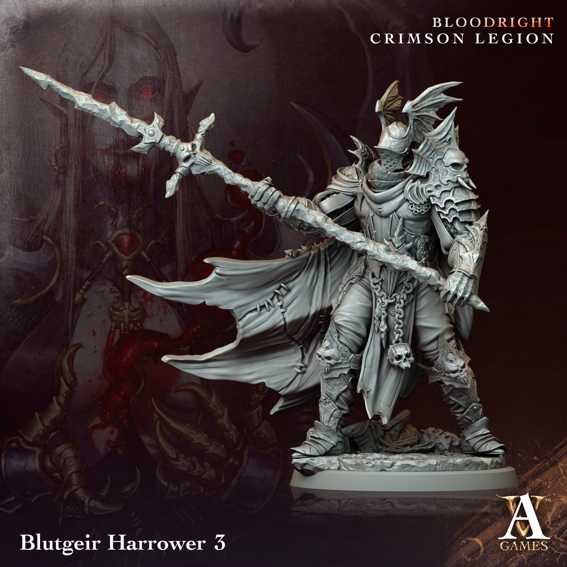 Fantasy figurine with a spear and cape, set against a dark background with 'Bloodright Crimson Legion' text.Bloodright miniature