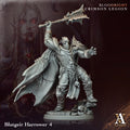 Statue of a warrior with a weapon, labeled 'Blutgeir Harrower 4', on a dark background with 'Bloodright Crimson Legion' text.Bloodright miniature