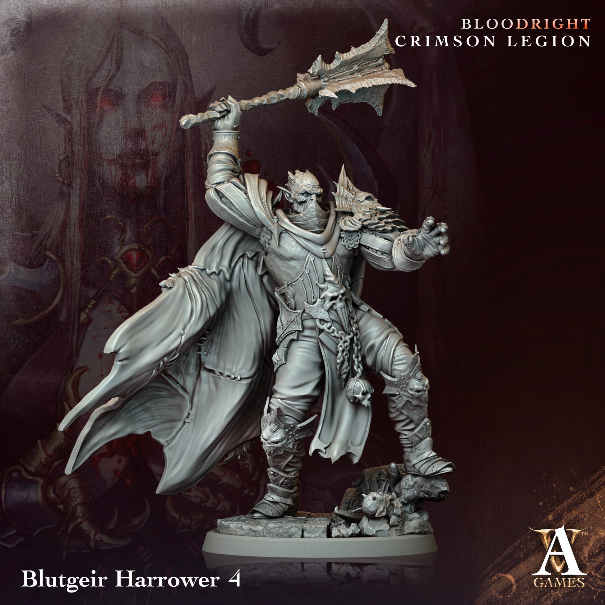 Statue of a warrior with a weapon, labeled 'Blutgeir Harrower 4', on a dark background with 'Bloodright Crimson Legion' text.Bloodright miniature