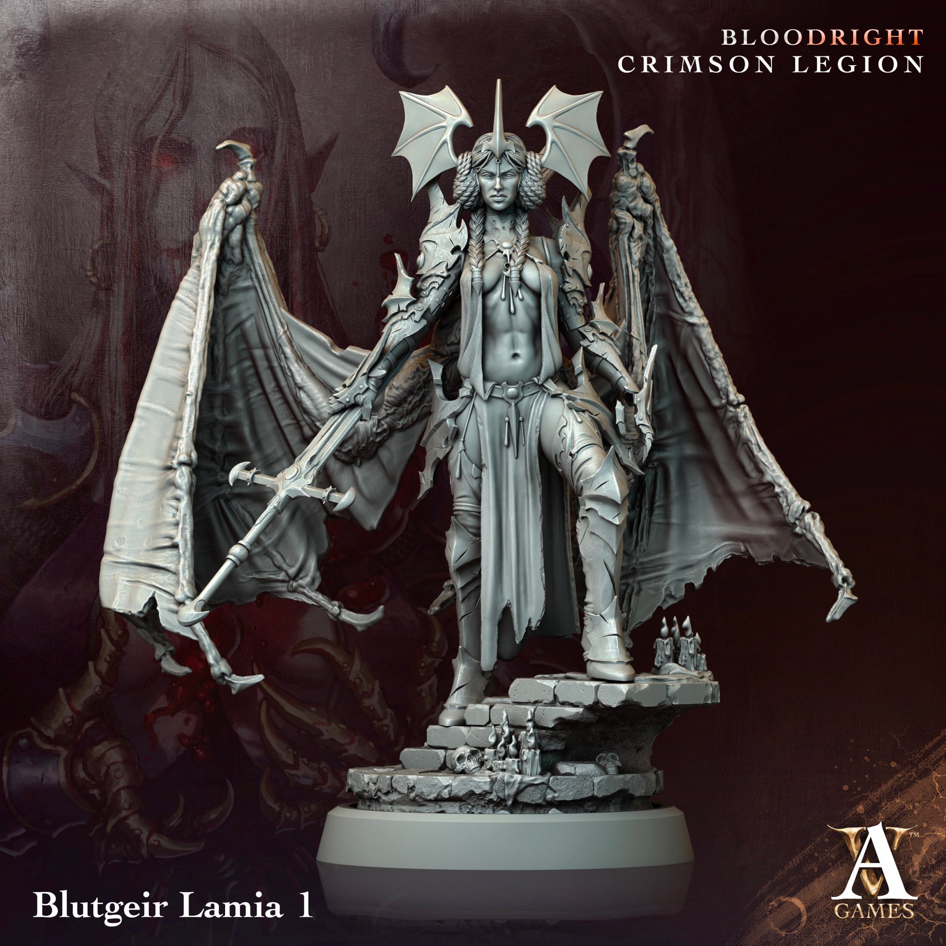 Fantasy figurine with wings and armor, labeled 'Blutgeir Lamia 1', on a dark background with 'A Games' logo.Bloodright miniature