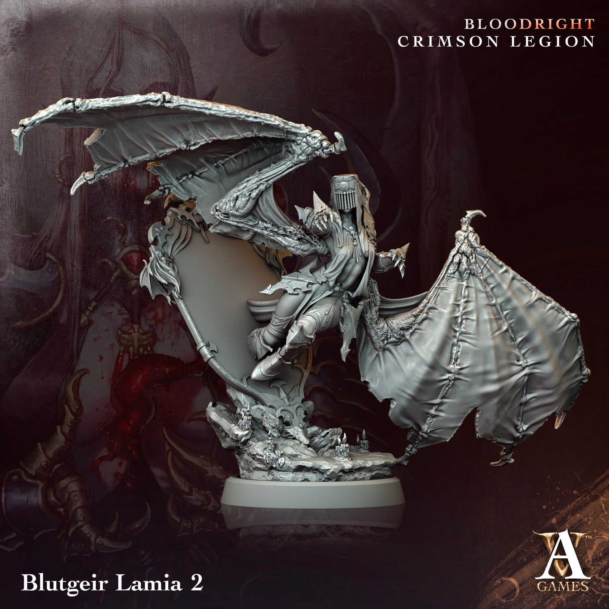 Fantasy figurine of a dragon and warrior with 'Bloodright Crimson Legion' branding.Bloodright miniature