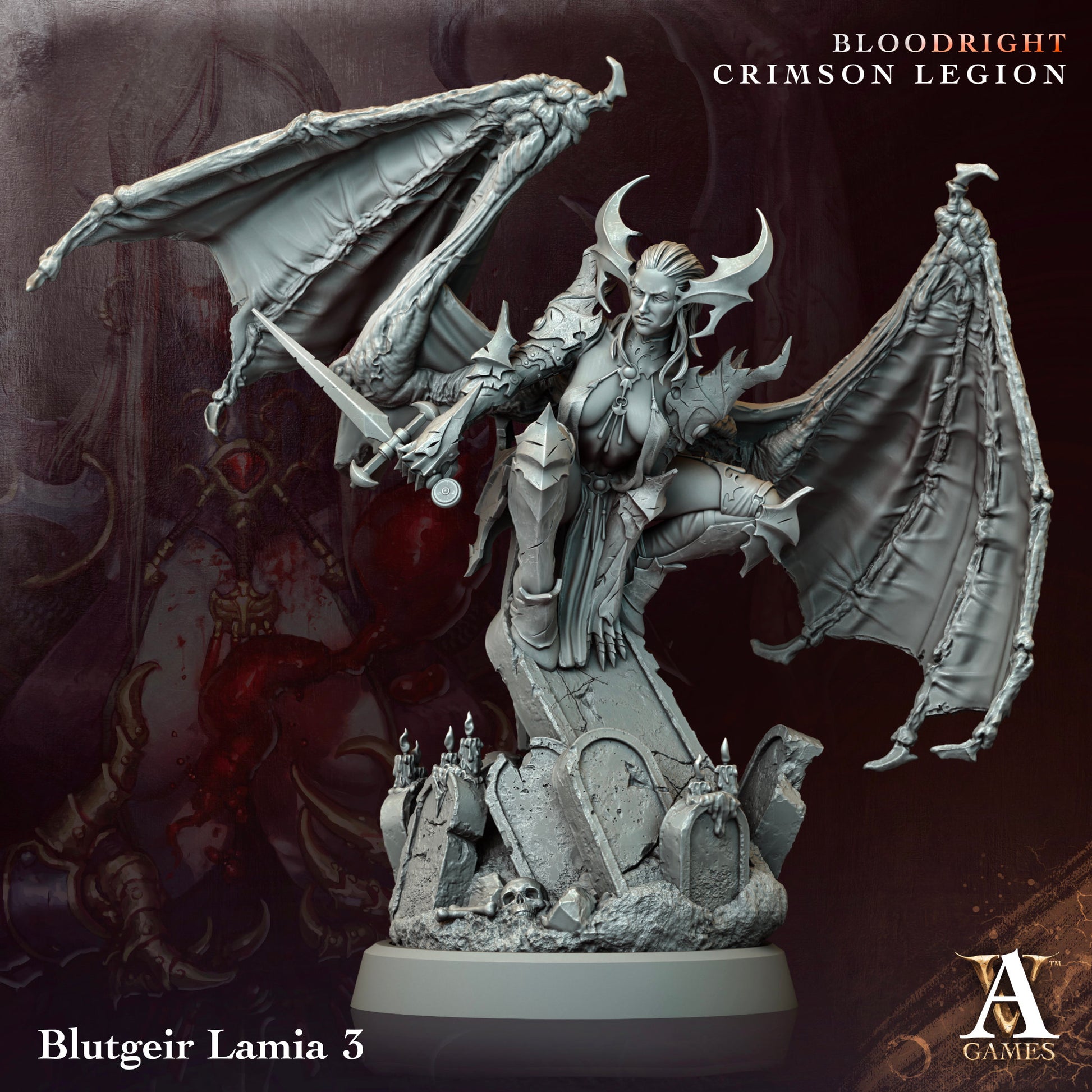 Fantasy figurine with wings and armor on a dark background, featuring 'Blutgeir Lamia 3' and 'Bloodright Crimson Legion' text.Bloodright miniature