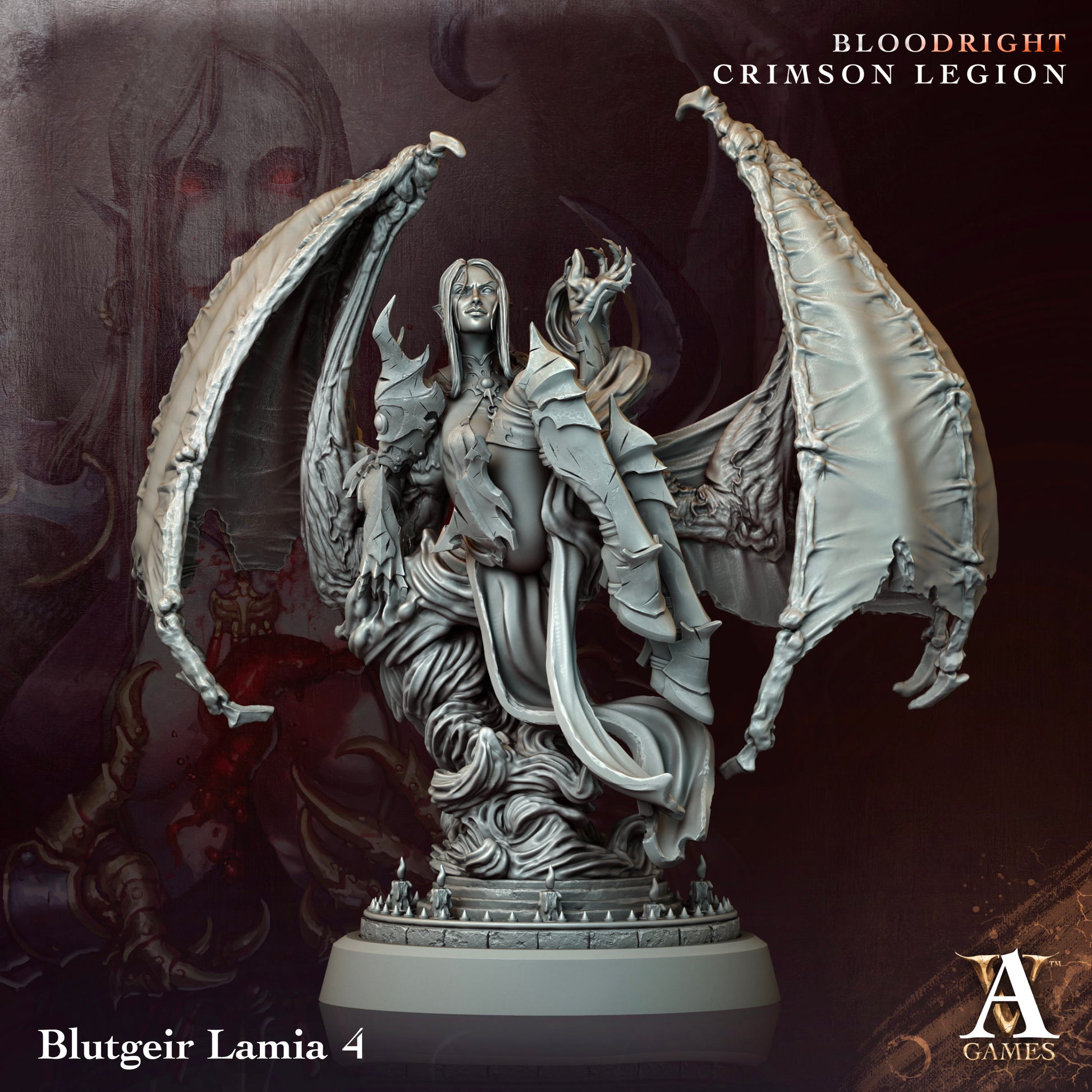 Statue of a winged creature with a figure on its back, labeled 'Blutgeir Lamia 4', against a dark background.Bloodright miniature