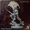 Minature figurine of a warrior with a spear, labeled 'Blutgeir Marauder I', on a dark background with 'A Games' branding.Bloodright miniature