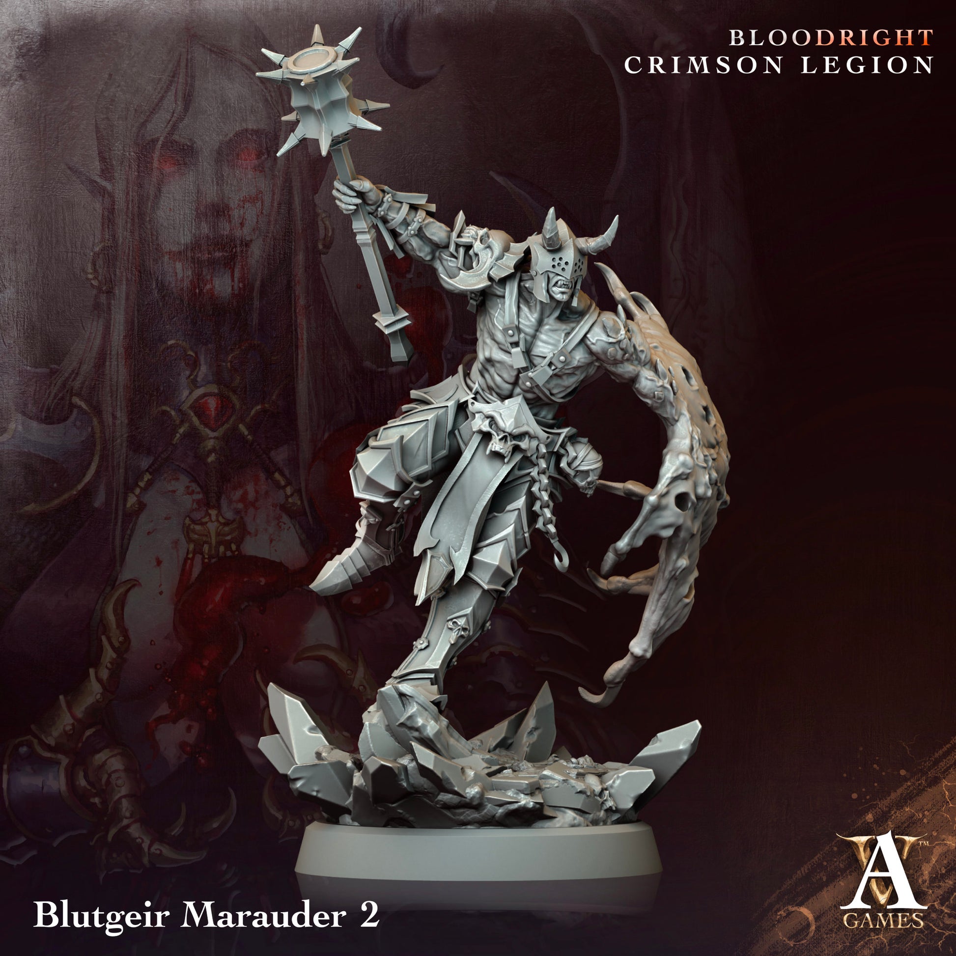Game miniature figurine with 'Bloodright Crimson Legion' branding.Bloodright miniature