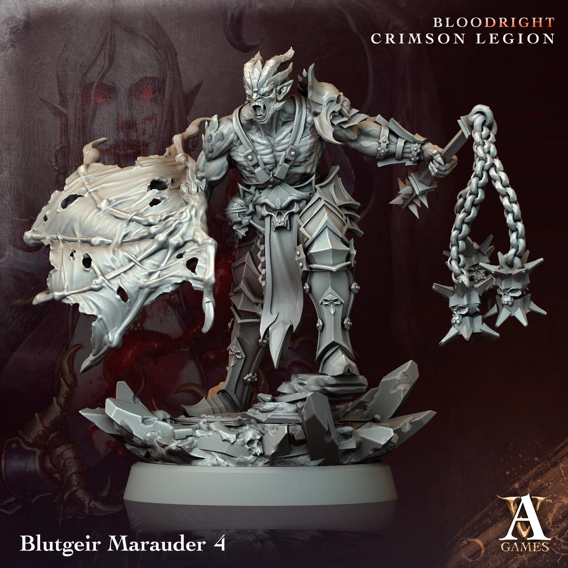Warhammer figurine with chain and helmet, labeled 'Blutgeir Marauder 4' from A Games.Bloodright miniature
