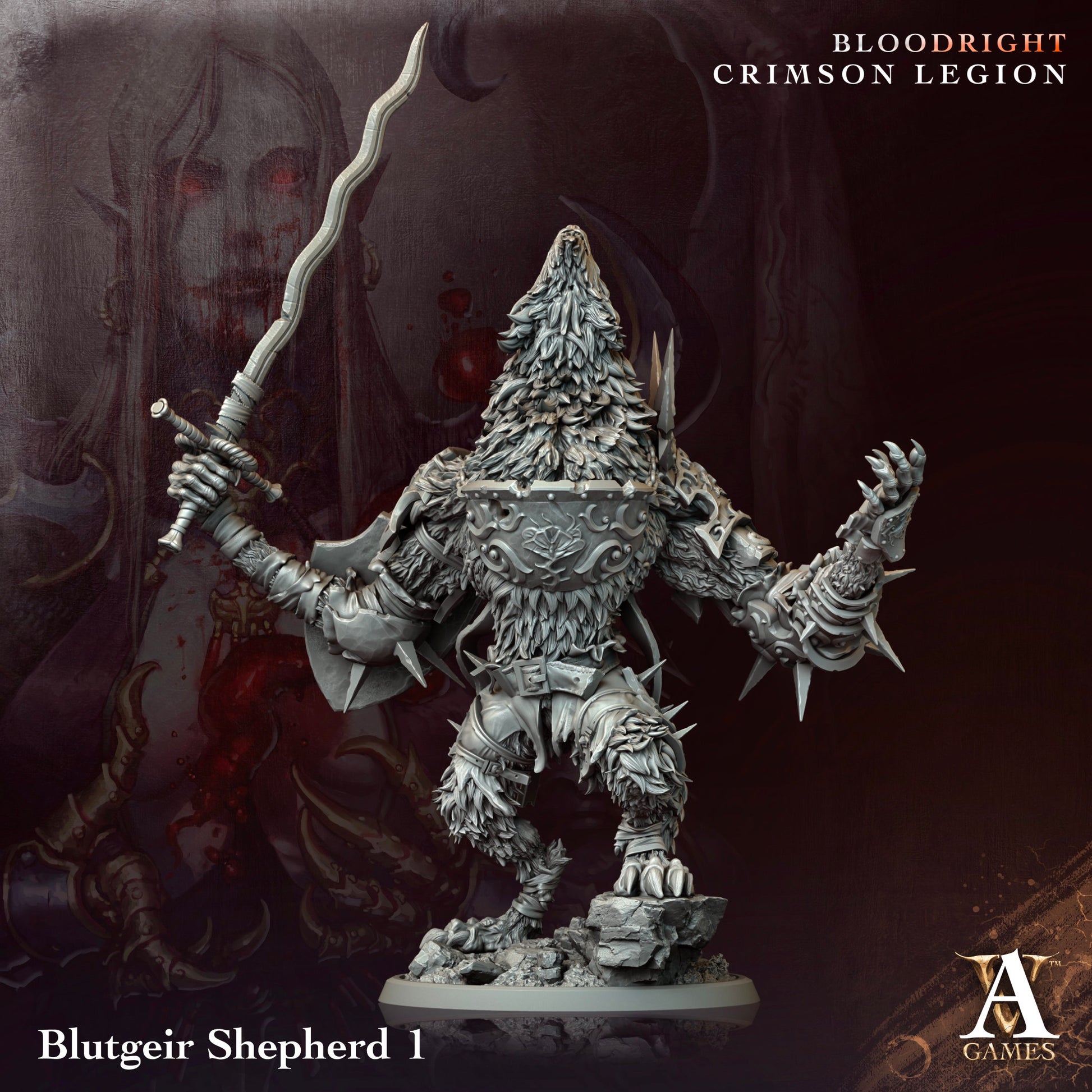 Fantasy figurine with detailed armor and weapons on a dark background, featuring 'Blutgeir Shepherd 1' and 'Bloodright Crimson Legion' text. Bloodright miniature