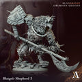 Warhammer figurine with armor and weapon on a dark background, featuring 'Blutgeir Shepherd 3' and 'Bloodright Crimson Legion' text.Bloodright miniature