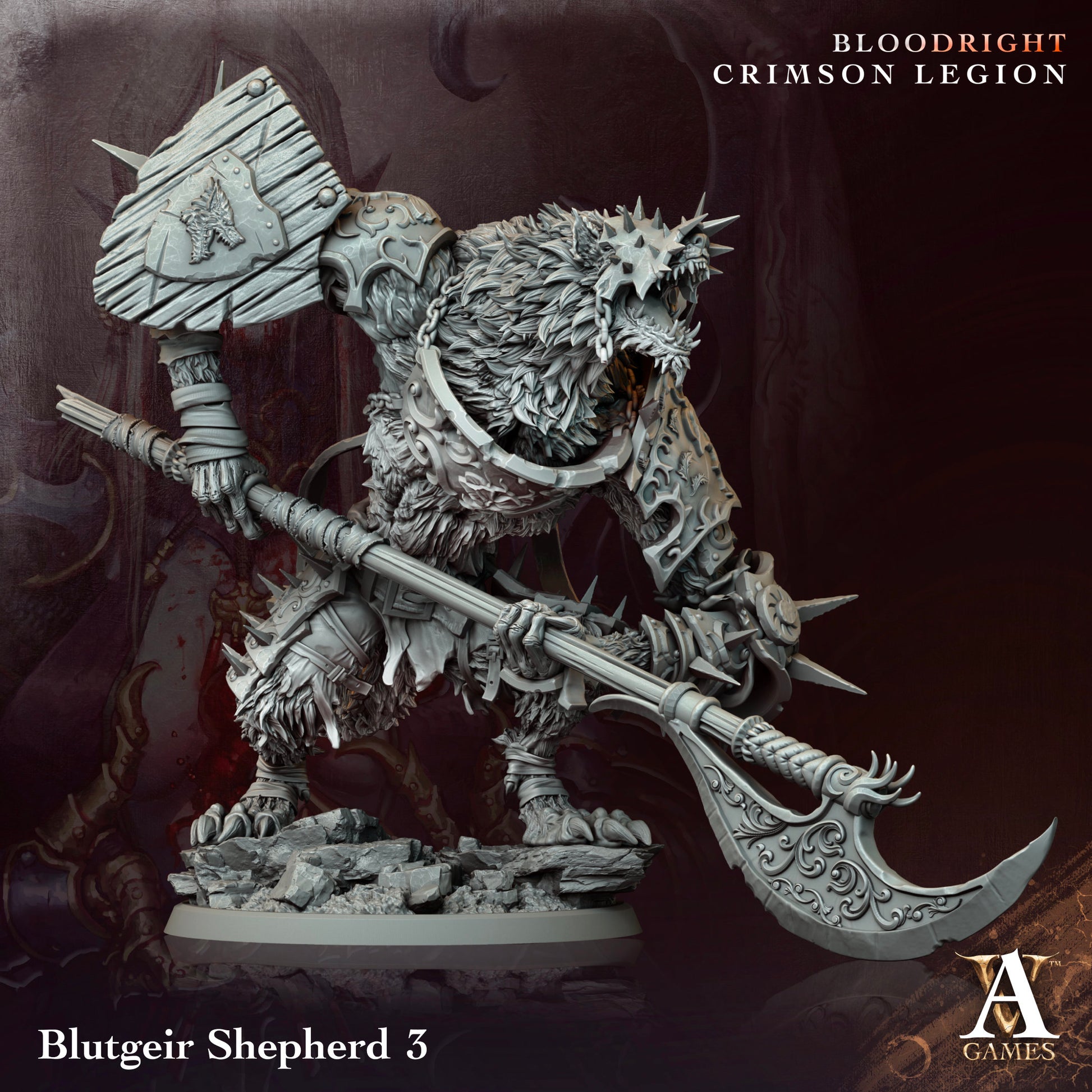 Warhammer figurine with armor and weapon on a dark background, featuring 'Blutgeir Shepherd 3' and 'Bloodright Crimson Legion' text.Bloodright miniature
