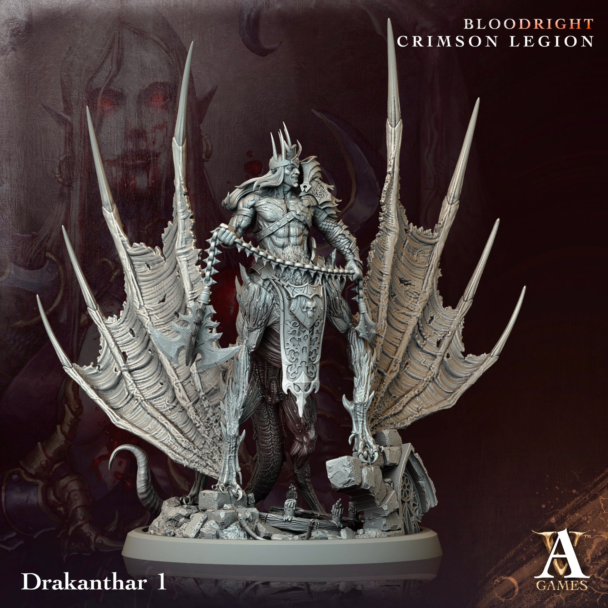 Detailed fantasy figurine with wings on a dark background, featuring 'Bloodright Crimson Legion' text.Bloodright miniature