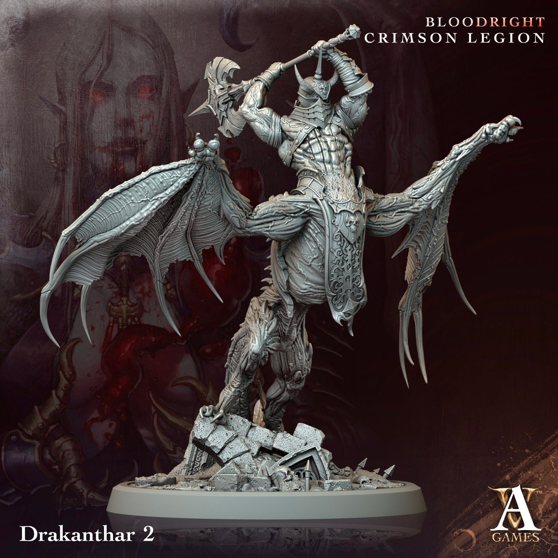 Fantasy figurine with wings and armor on a dark background, featuring 'Bloodright Crimson Legion' branding.Bloodright miniature