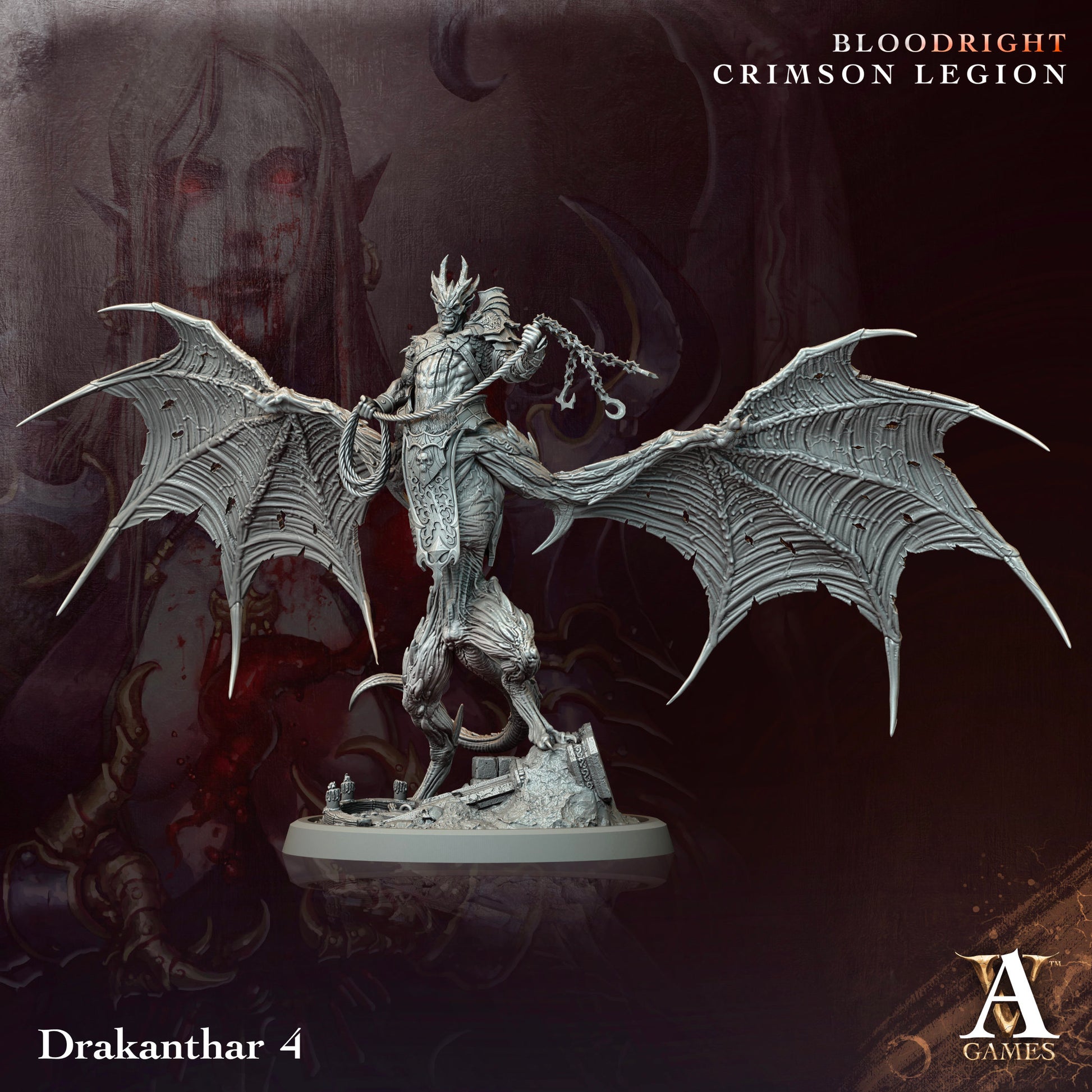 Fantasy figurine with wings on a dark background, featuring the Bloodright Crimson Legion branding.Bloodright miniature