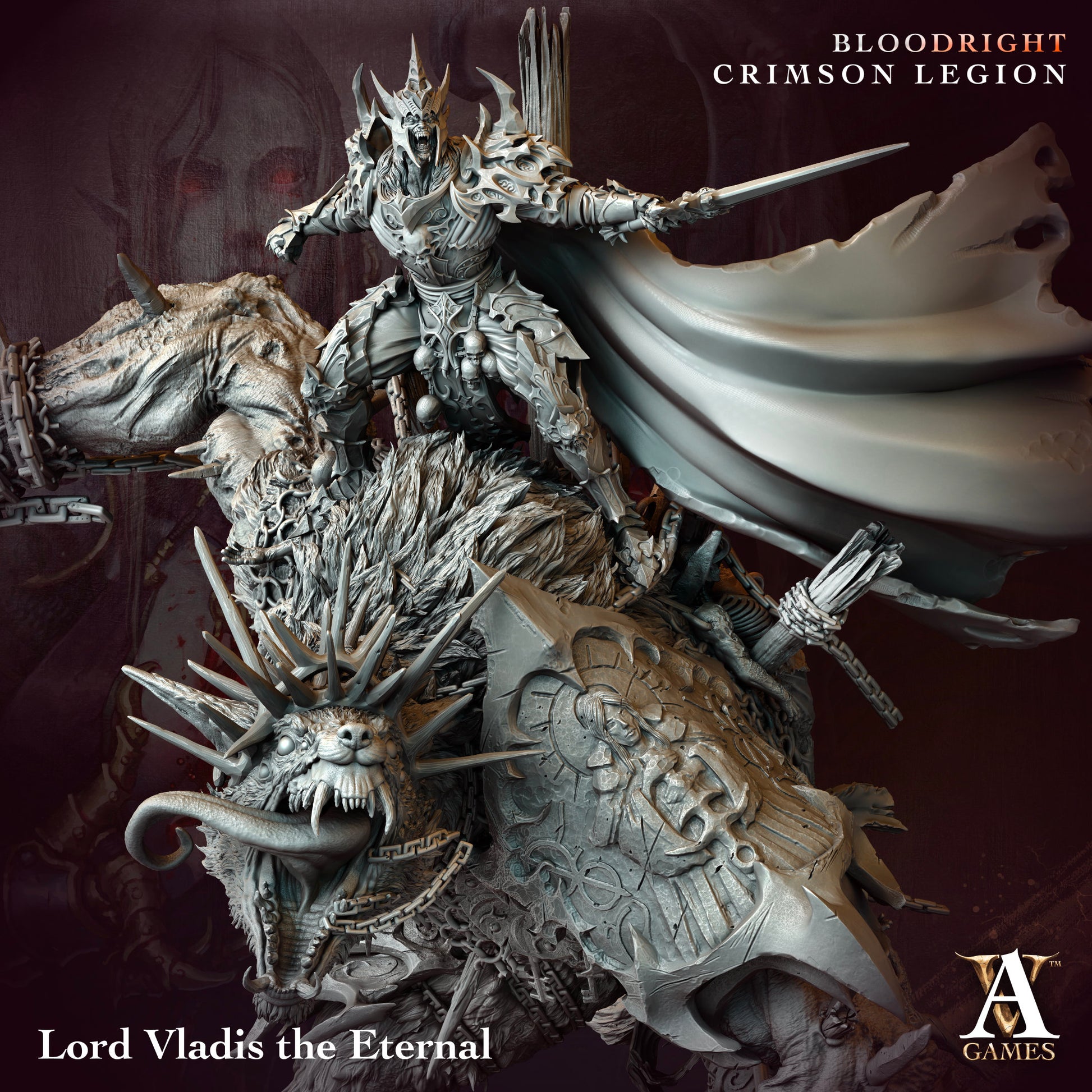 Detailed figurine of Lord Vladis the Eternal from Bloodright Crimson Legion with a dark background.Bloodright miniature