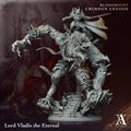 Statue of Lord Vladis the Eternal from Bloodright Crimson Legion with a dark background.Bloodright miniature