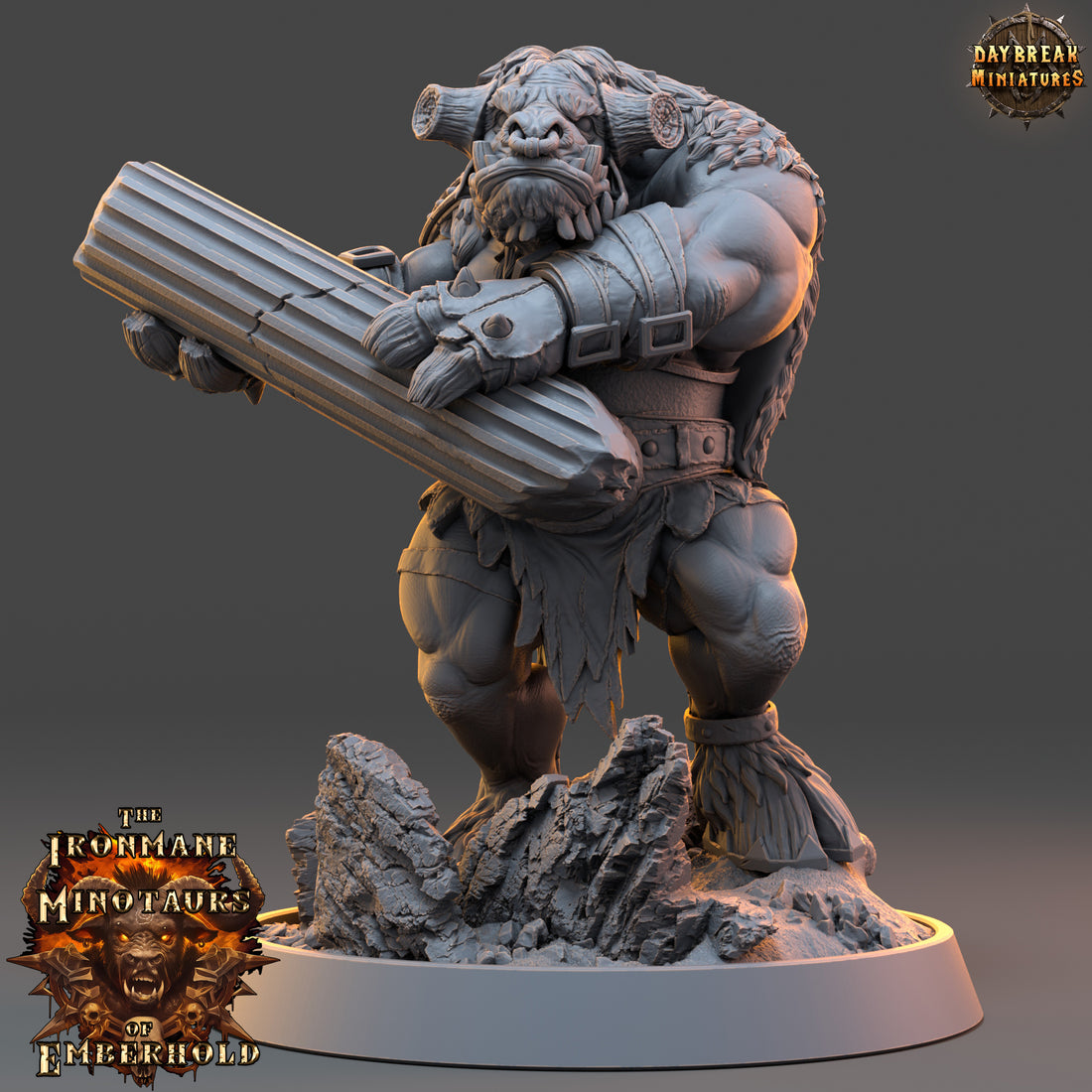 Collection of fantasy miniatures on a gray background.Ironmane Minotaurs miniature
