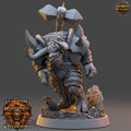Minature figurine of a warrior with armor and horns on a gray background, featuring 'Daybreak Miniatures' logo.
