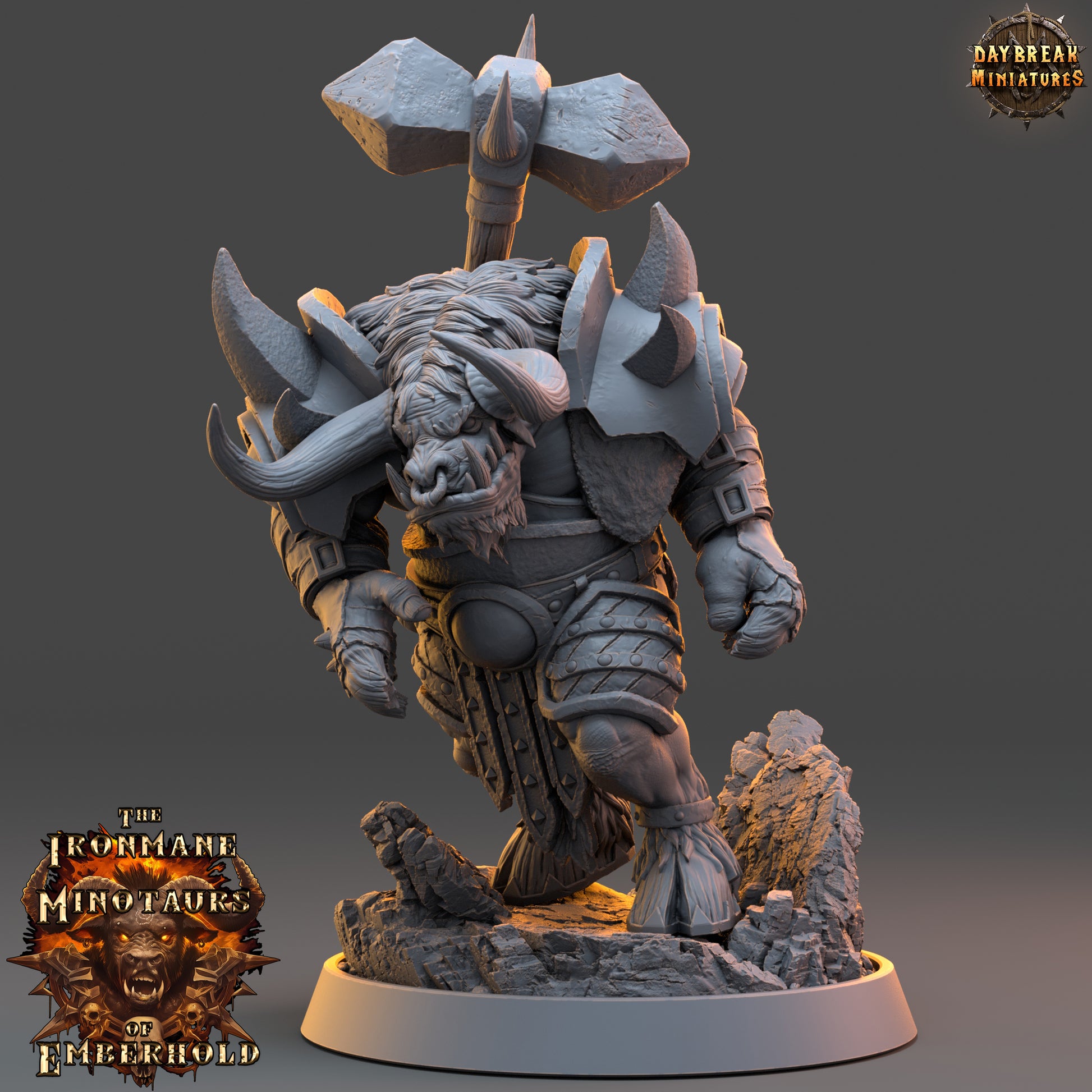 Minature figurine of a warrior with armor and horns on a gray background, featuring 'Daybreak Miniatures' logo.