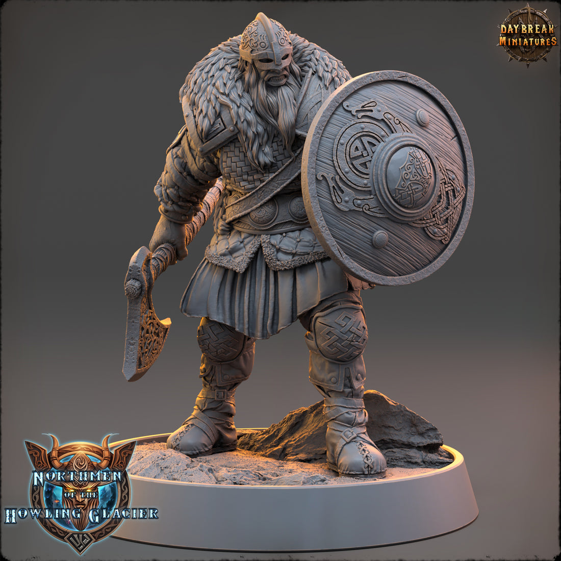 Collection of fantasy miniatures on stands with detailed armor and a Northmen miniature
weapons.