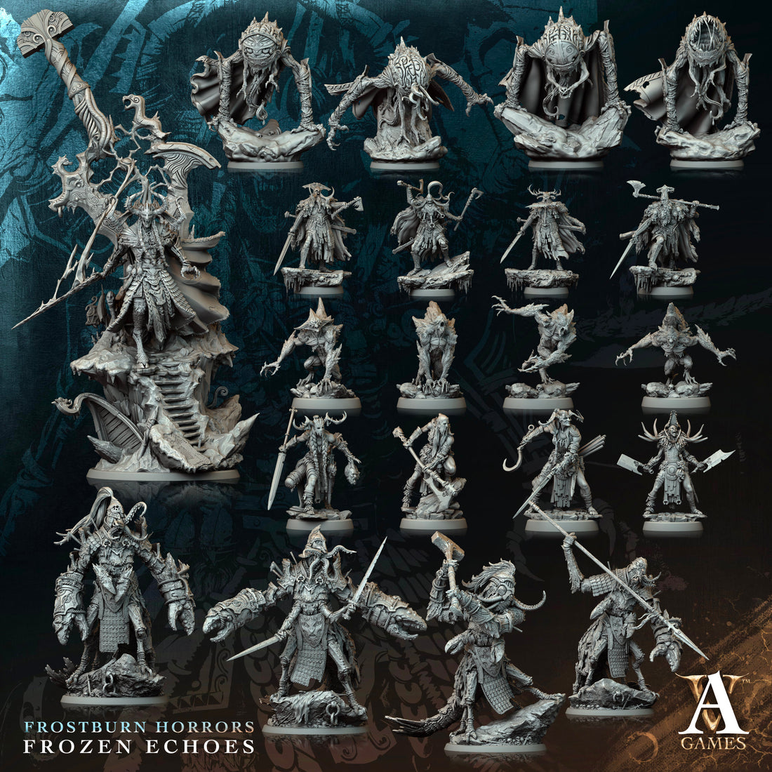 Collection of detailed miniature figurines on a dark background with 'A Games' branding.
