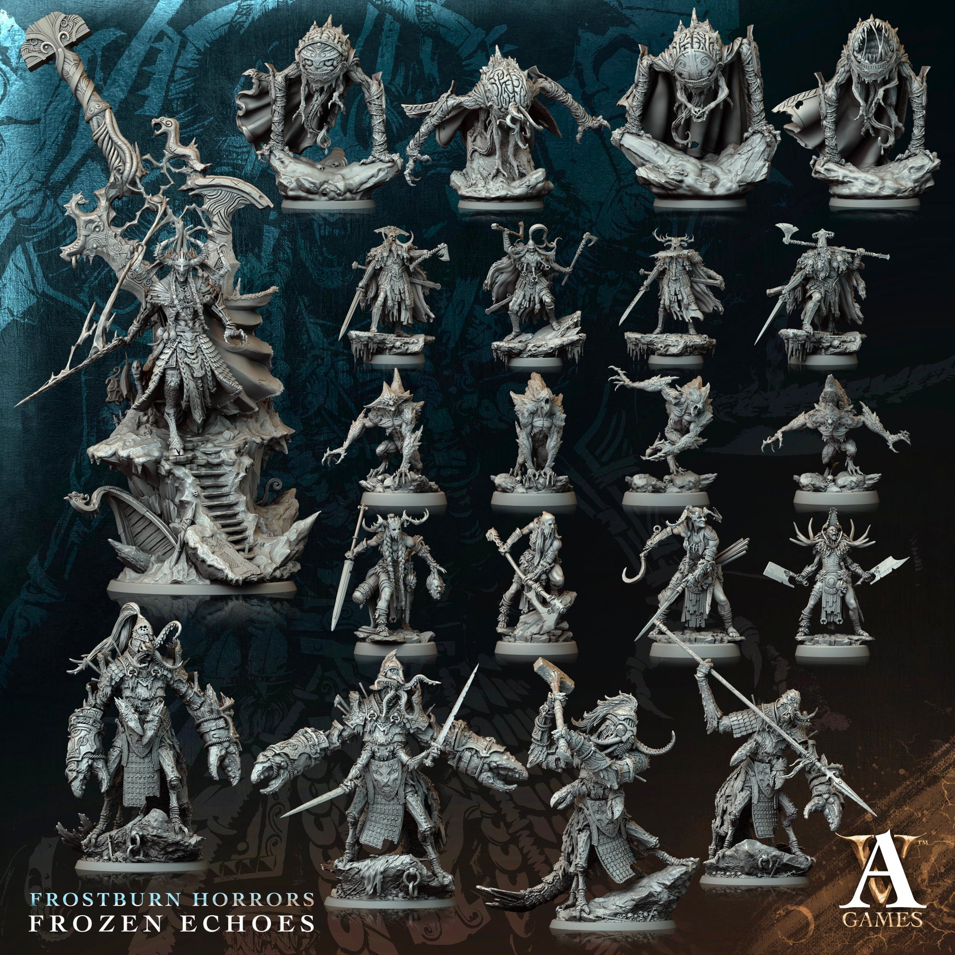 Collection of detailed miniature figurines on a dark background with 'A Games' branding.