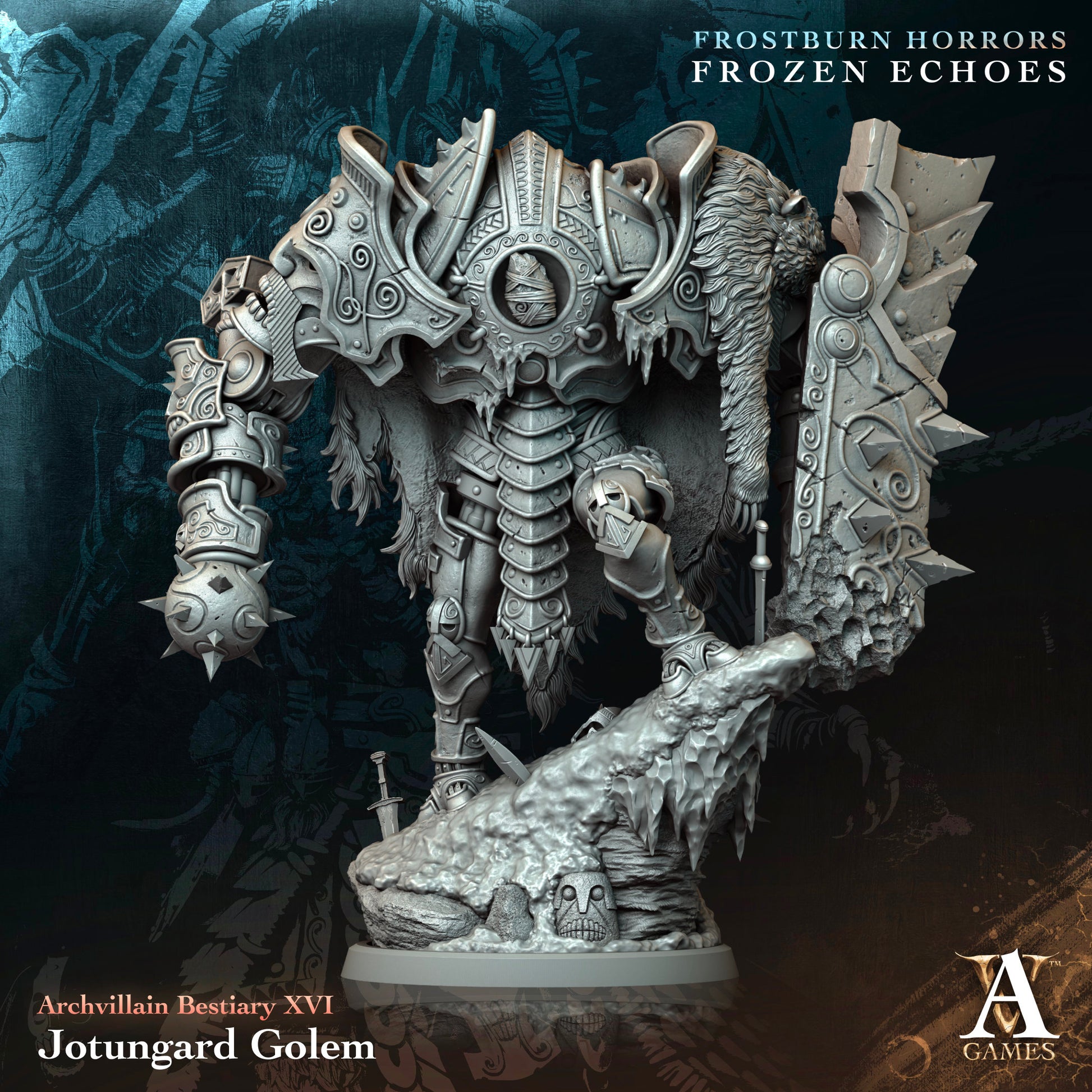 Gothic-style Jotungard Golem figurine with detailed armor and weapons on a dark background.Frostburn Horrors Archvillain Games resin miniature unpainted
