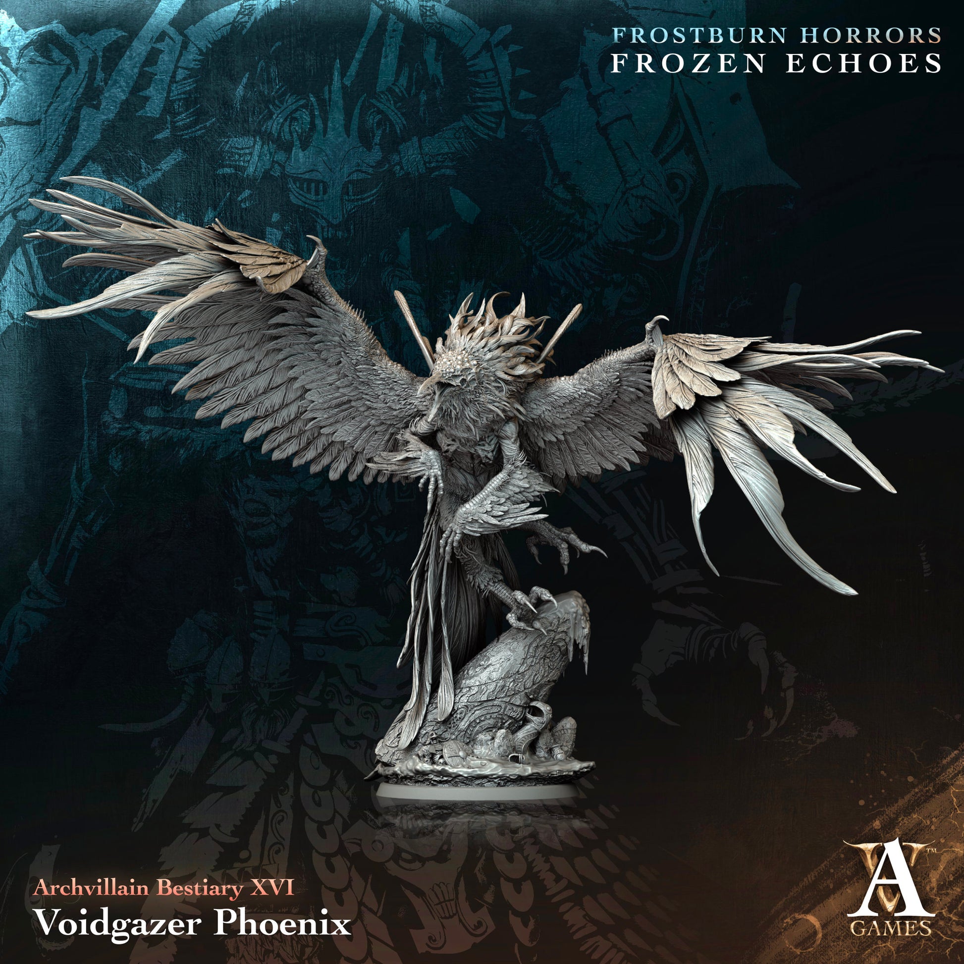 Voidgazer Phoenix figurine with dark background and text about Frostburn Horrors Frozen Echoes.Frostburn Horrors Archvillain Games resin miniature unpainted