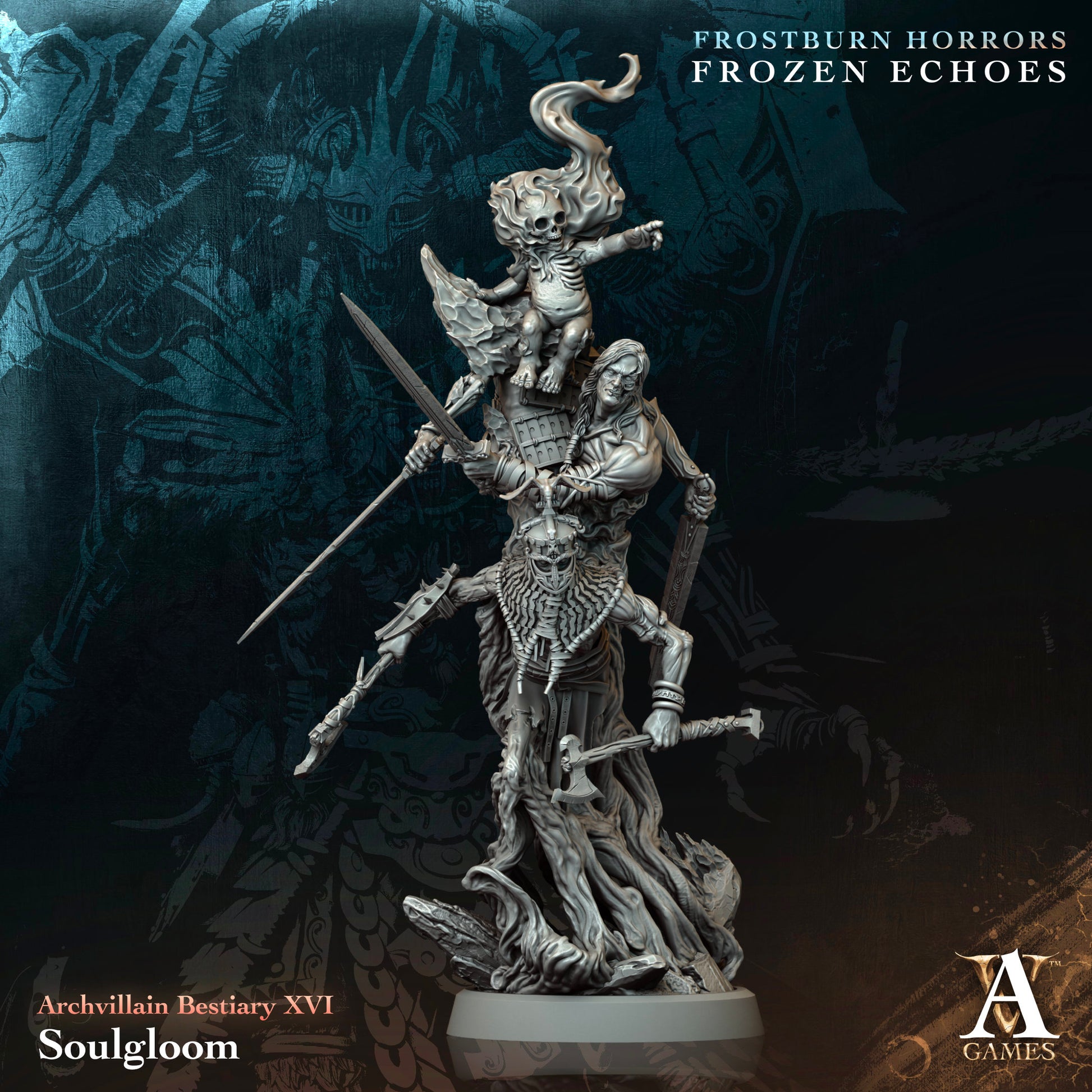 Fantasy miniature figurine with a dark, textured background.Frostburn Horrors Archvillain Games resin miniature unpainted