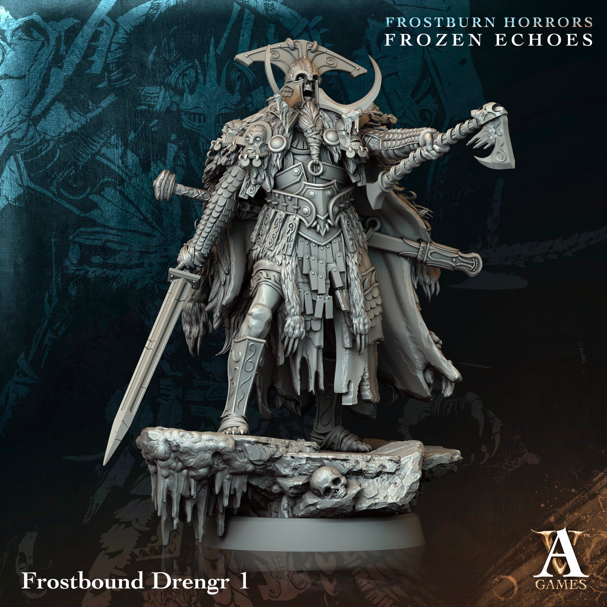 Frostbound Drengr figurine from Frostburn Horrors Frozen Echoes with detailed armor and weapons on a dark background.Frostburn Horrors Archvillain Games resin miniature unpainted
