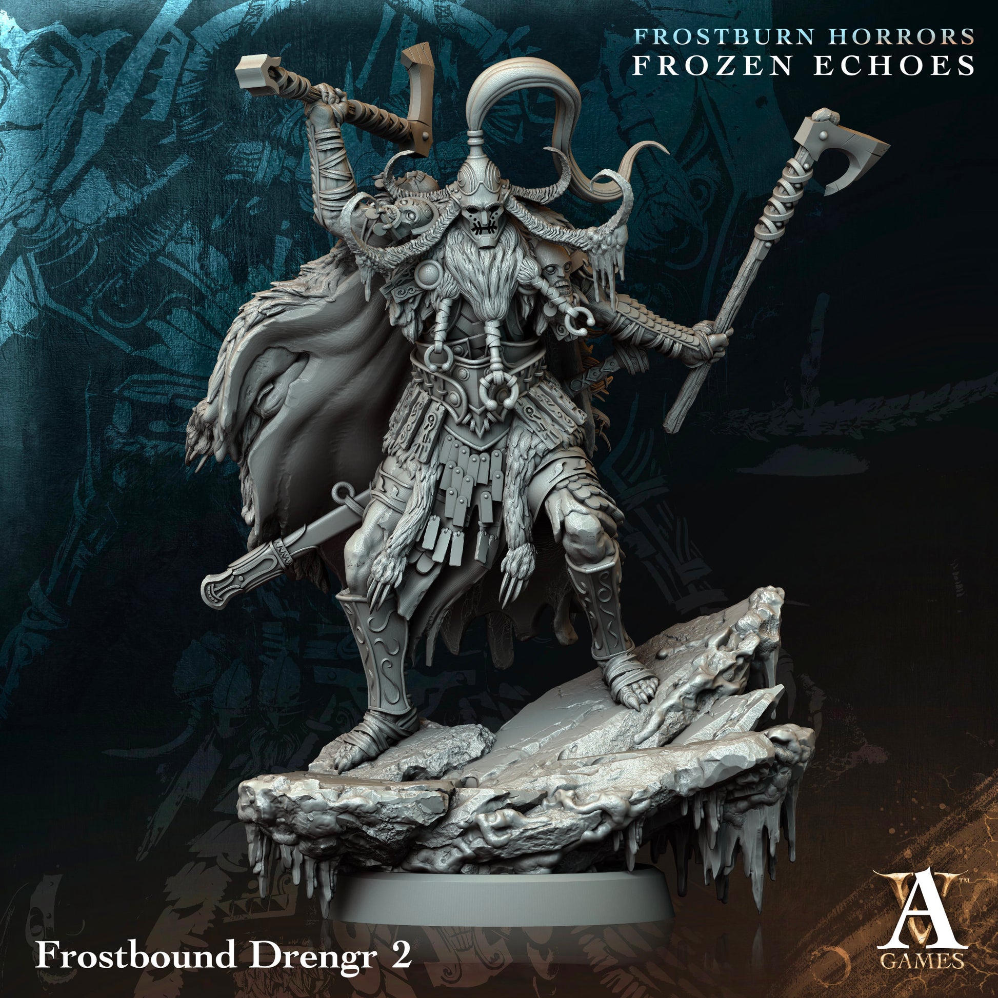 Frostbound Drengr 2 figurine from Frostburn Horrors Frozen Echoes with detailed armor and weapons on a dark background.Frostburn Horrors Archvillain Games resin miniature unpainted