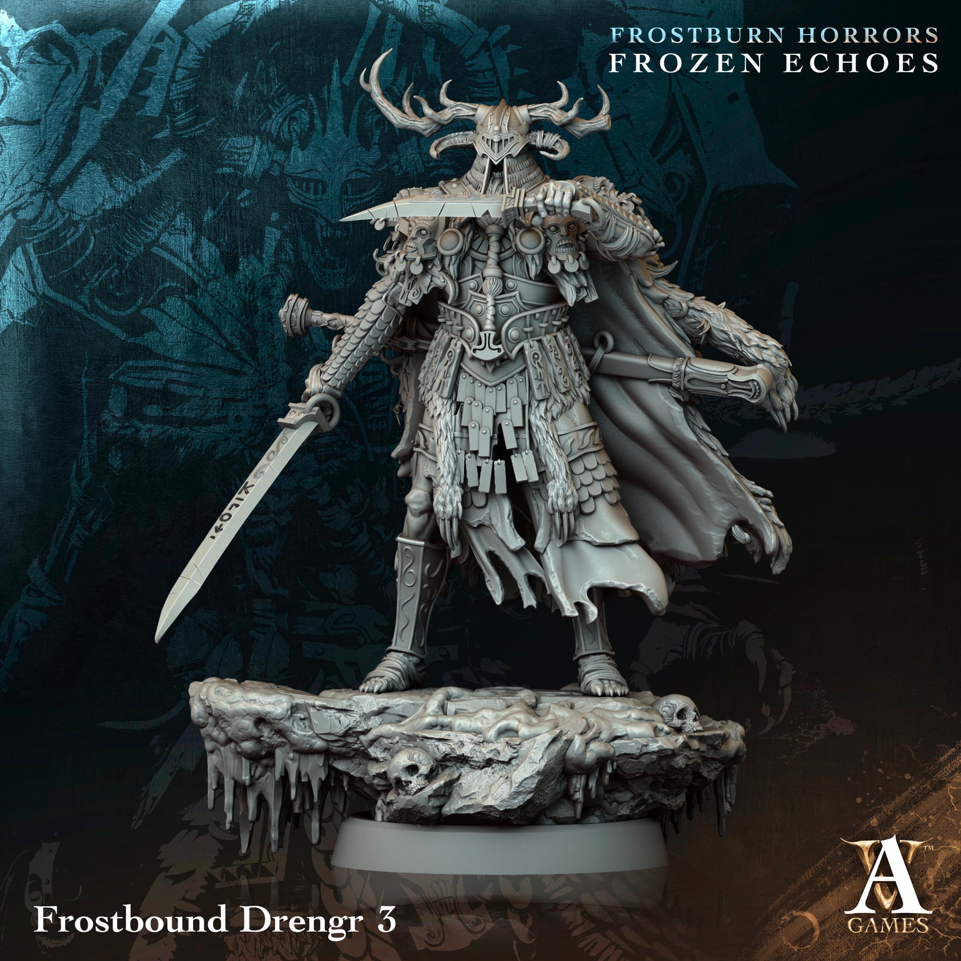 Frostbound Drengr 3 figurine with a sword on a dark background, featuring the Frostburn Horrors Frozen Echoes branding.Frostburn Horrors Archvillain Games resin miniature unpainted