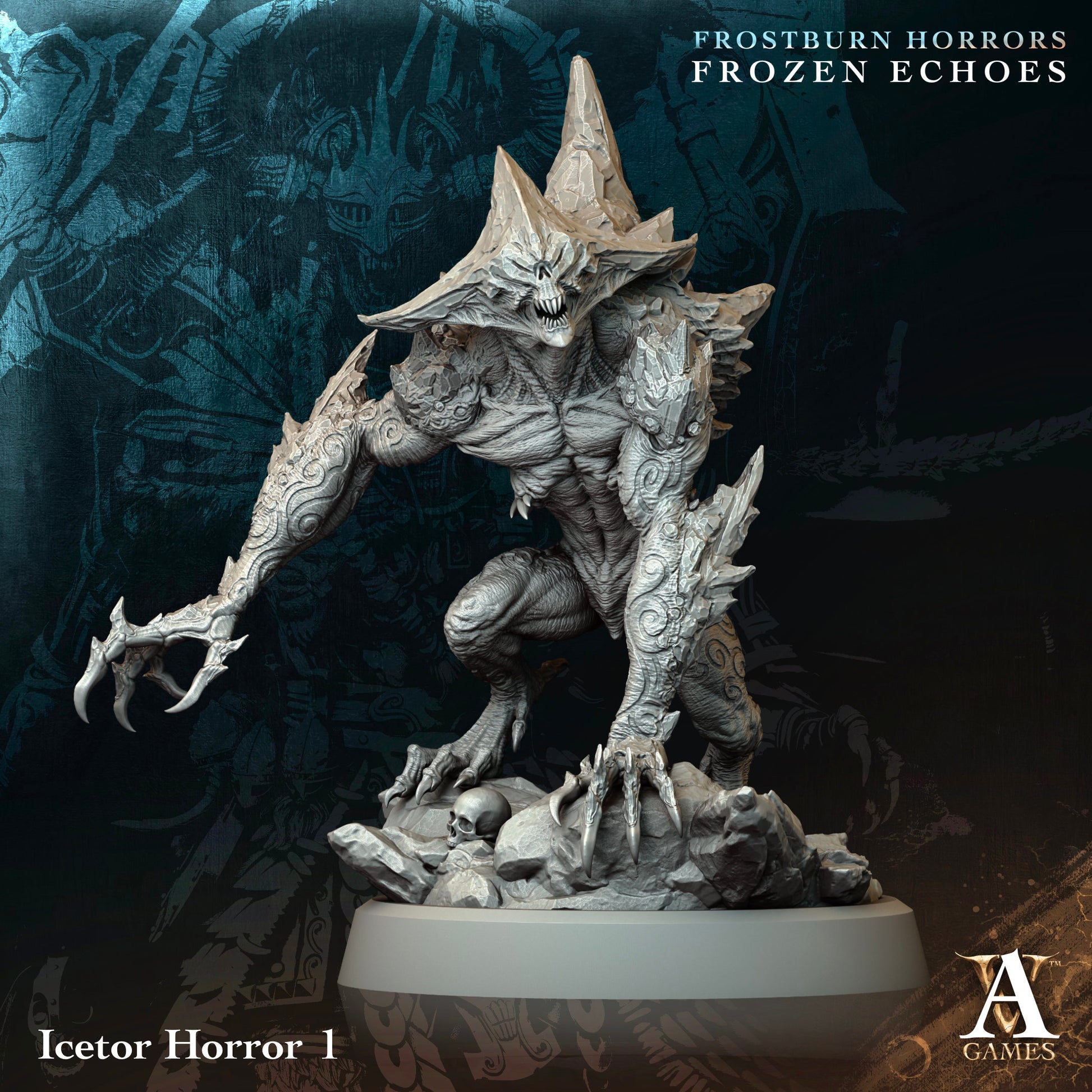 Fantasy figurine with intricate details on a dark background, featuring the brand 'A Games'.Frostburn Horrors Archvillain Games resin miniature unpainted
