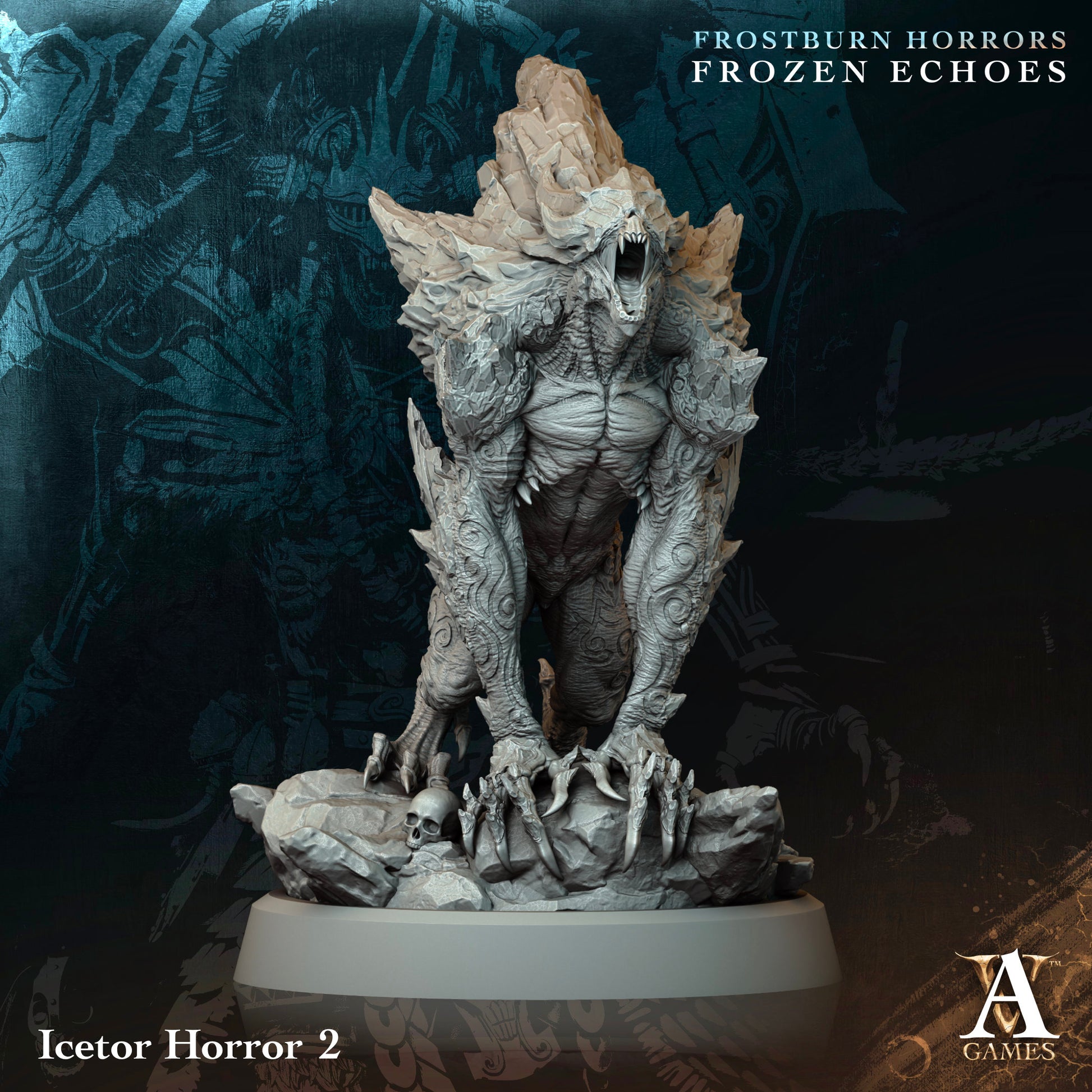 Statue of a creature labeled 'Icetor Horror 2' from Frostburn Horrors Frozen Echoes series by A Games.Frostburn Horrors Archvillain Games resin miniature unpainted