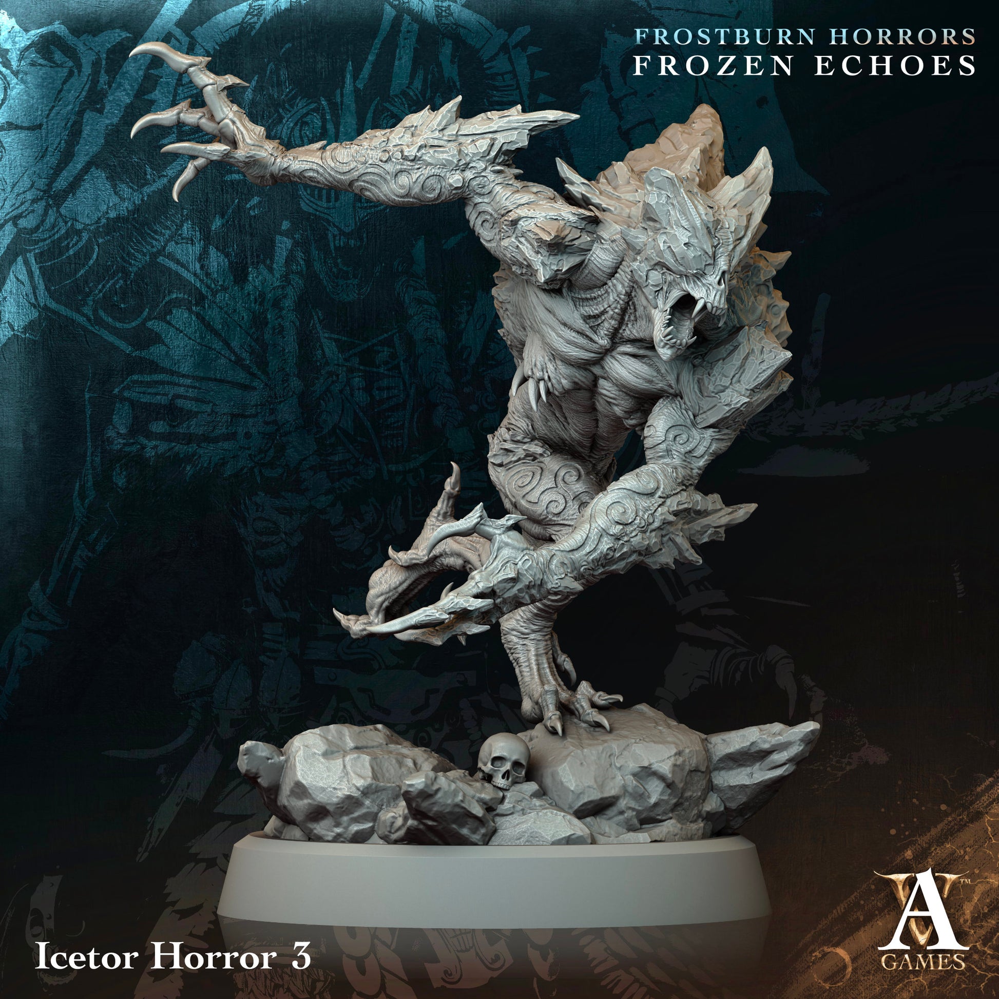 Fantasy dragon figurine on a dark background with 'Frostburn Horrors Frozen Echoes' text.Frostburn Horrors Archvillain Games resin miniature unpainted