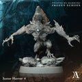 Fantasy figurine of an ice creature with 'Frostburn Horrors Frozen Echoes' text on a dark background.Frostburn Horrors Archvillain Games resin miniature unpainted