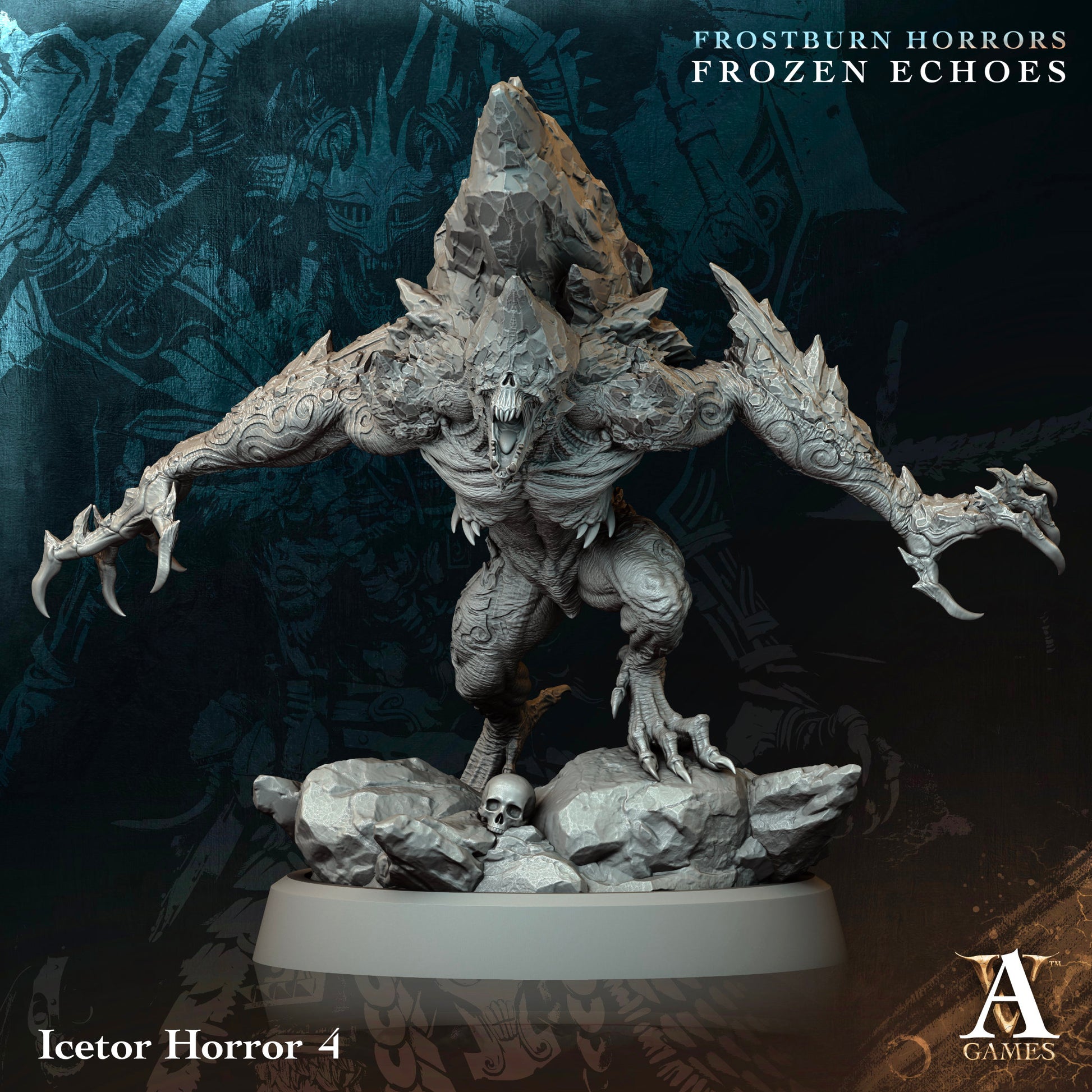 Fantasy figurine of an ice creature with 'Frostburn Horrors Frozen Echoes' text on a dark background.Frostburn Horrors Archvillain Games resin miniature unpainted