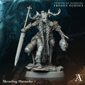 Fantasy figurine of a skraeling marauder with a sword, set against a dark background with 'A Games'  Frostburn Horrors Archvillain Games resin miniature unpaintedbranding.