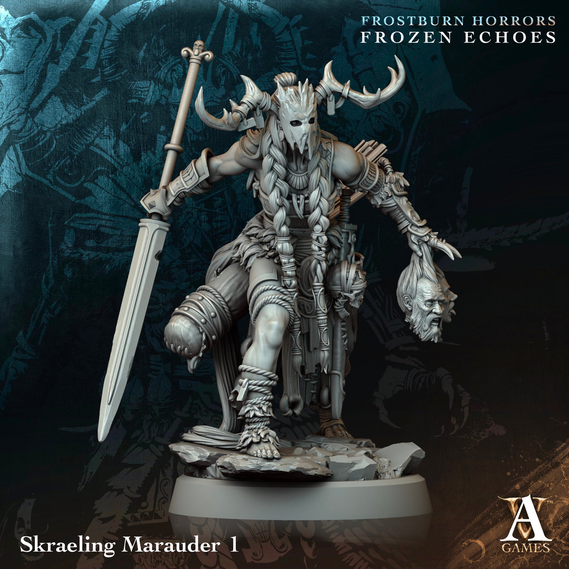 Fantasy figurine of a skraeling marauder with a sword, set against a dark background with 'A Games'  Frostburn Horrors Archvillain Games resin miniature unpaintedbranding.