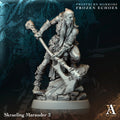 Statue of a skraeling marauder from Frostburn Horrors Frozen Echoes with detailed armor and weapon on a dark background. Frostburn Horrors Archvillain Games resin miniature unpainted