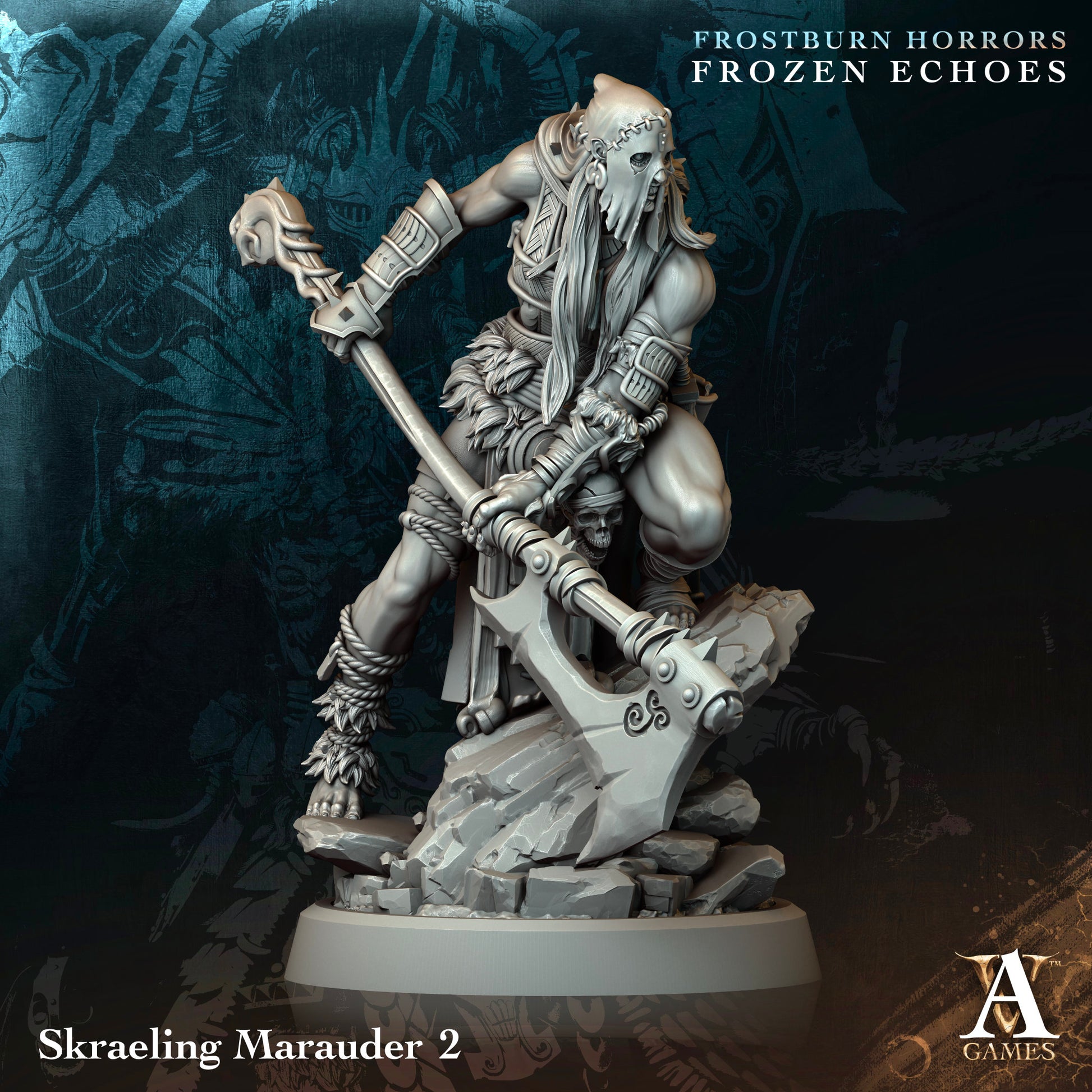 Statue of a skraeling marauder from Frostburn Horrors Frozen Echoes with detailed armor and weapon on a dark background. Frostburn Horrors Archvillain Games resin miniature unpainted