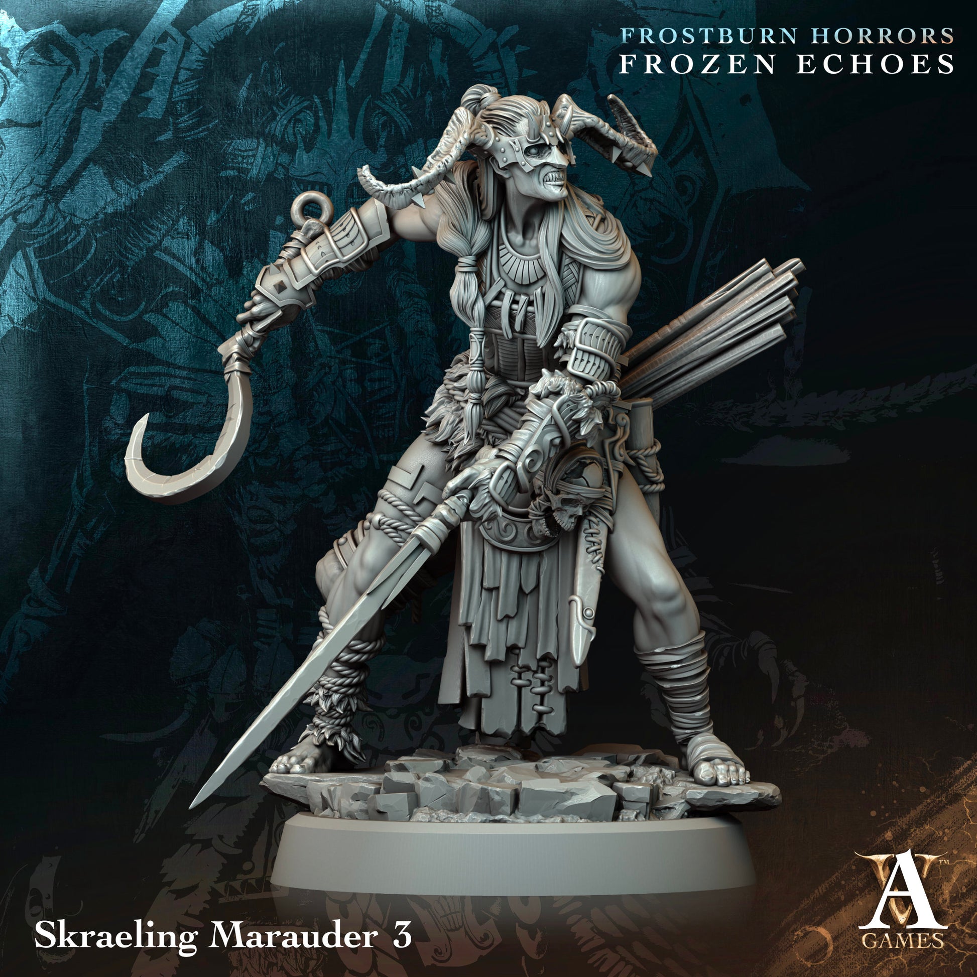 Wargaming miniature figurine of a skraeling marauder with text and logo in the background.Frostburn Horrors Archvillain Games resin miniature unpainted